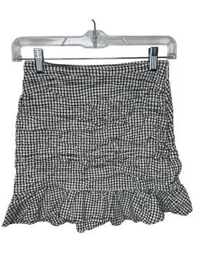 Abercrombie & Fitch XS Gingham Smocked Ruffle Mini Skirt Black White Linen